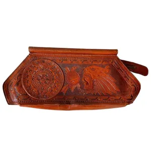 Vintage Abtik Hand-tooled Mayan Print Leather Clutch thumbnail 2