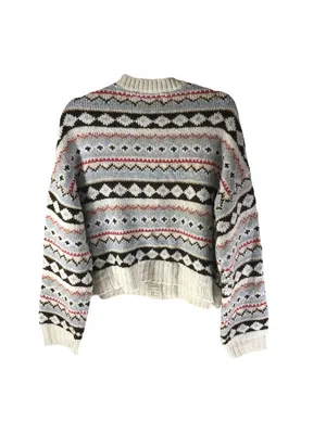 American Eagle Womens Soft & Cozy Fair Isle Button-Up Cardigan Cropped Ivory L thumbnail 2