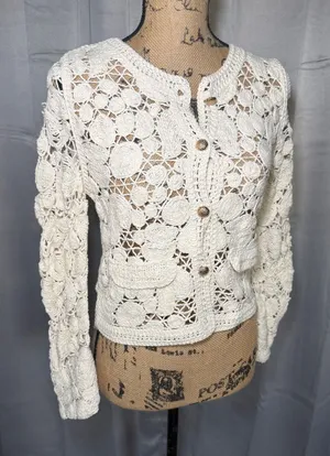 Ivory Cardigan Women XS Cream Crochet Button Front Boho Sweater Cottagecore‎ thumbnail 1