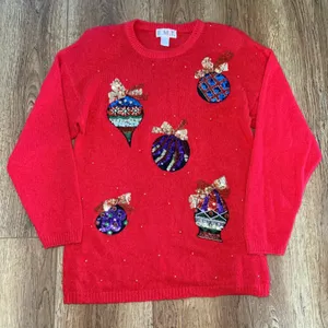 90s EMT Red Silk Angora Wool Beaded Christmas Ornament Sweater Womens M sequins thumbnail 1