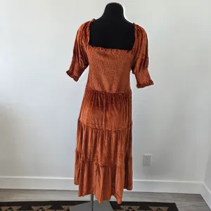 Burnt Orange Copper Velvet Maxi Dress Tiered Smocked Holiday Party Christmas M thumbnail 6