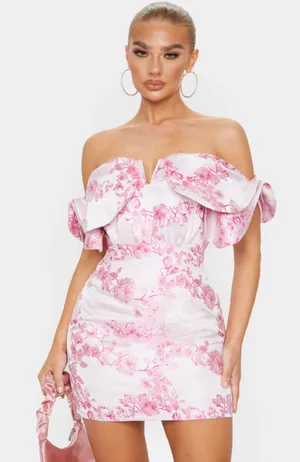 Pretty Little Thing Pink V Bar Jacquard Bodycon Dress thumbnail 1