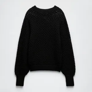 Zara textured open‎ knit chunky sweater crewneck balloon sleeves black size M thumbnail 15