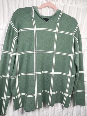 Rachel Roy Sweater Medium Plaid Knit Hoodie Green White Women's Soft Cozy thumbnail 4