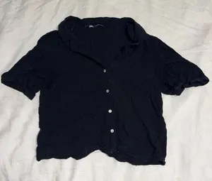 ZARA Short Sleeve Button Down Top Collar Black Size Extra Small Good Condition thumbnail 1