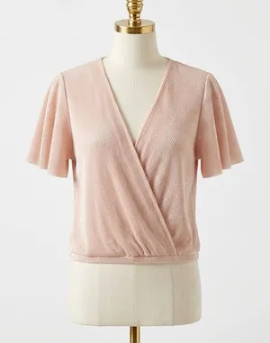 ASTR the Label Plisse Metallic Flutter Sleeve Surplice Wrap Blouse Rose Gold XL thumbnail 1