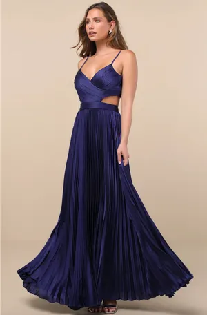 NEW Lulus Got the Glam Navy Blue Pleated Cutout Maxi Dress Formal Party Medium thumbnail 1