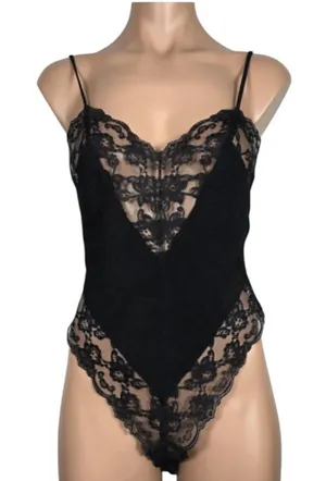 Vintage 80s Black Silky Nylon & Lace Teddy Lingerie Dark Romantic Cottagecore thumbnail 1