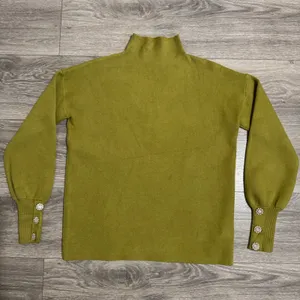 Cottagecore Mock Neck Puff Sleeve Sweater‎ Crystal Button Cuffs Olive Green Sz M thumbnail 1