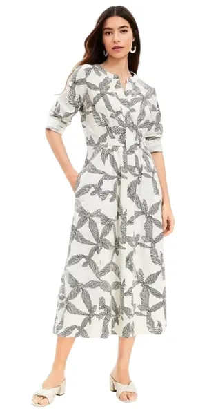LOFT Women's Long Sleeve White & Black Bow Print Dress Size M thumbnail 1