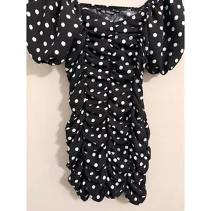 Zara Polka Dot Mini Dress Womens XS Black White Ruched Puff Sleeve‎ Bodycon thumbnail 2