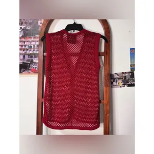 Source Unknown Damson Madder crochet sleeveless cardigan top red and ivory checkered pattern thumbnail 8