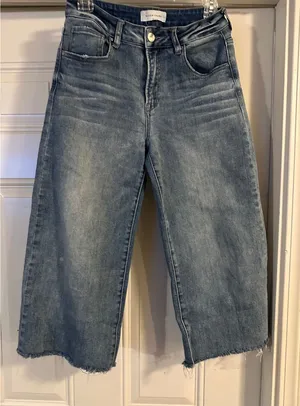 Risen Jeans High Rise Raw Hem Wide Leg Cropped Denim Pants (Style # RDP5304) thumbnail 1