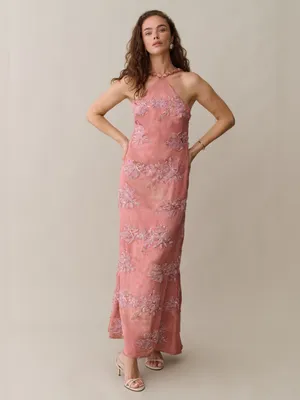 NWT Few Moda Kayda o.p.t pink sequin floral size 10 beaded maxi gown thumbnail 3