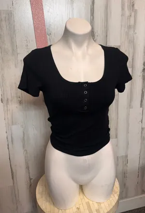 Bozzolo Ribbed Henley Crop Top Womens L Black Scoop Neck Short Sleeve Baby Tee thumbnail 1