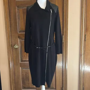 Calvin Klein Women's Size L Black‎ Asymmetric Zip Front Knit Dress Belted Waist thumbnail 2