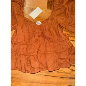 A New‎ Day Peplum Top Women LG burnt orange NEW Linen Blend Puff Sleeve Babydoll thumbnail 3