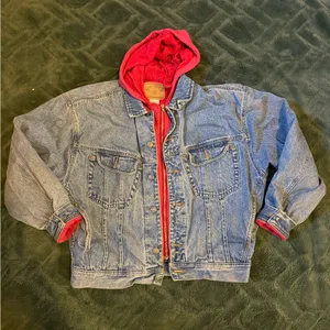 Vintage Gap denim jacket with red fleece hoodie lining thumbnail 1