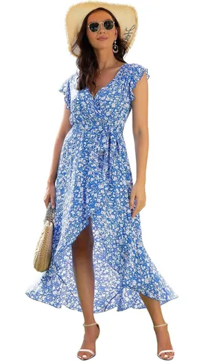 Grecerelle Blue & White Floral Print V-Neck Short Sleeve High Low Maxi Dress thumbnail 1