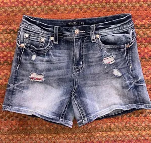 Miss Me Faded Blue Distressed CURVY Denim Shorts BANDANA POCKET thumbnail 1