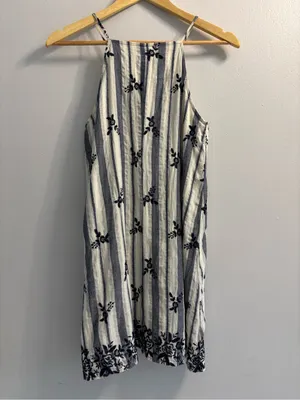 Miami Embroidered Stripe Halter Dress XS Blue White Boho Coastal Chic Mini thumbnail 3