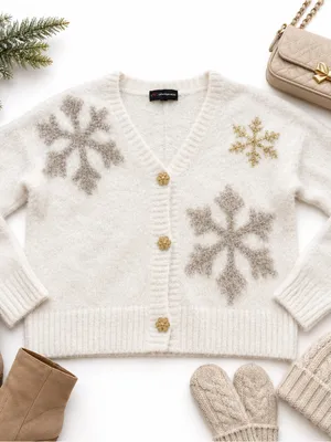 33 Degrees Ivory Snowflake Eyelash Knit Cardigan Gold Buttons Women’s Medium EUC thumbnail 4
