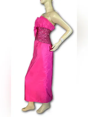 Vintage 1980'S Hot Pink Mike Benet Strapless Satin & Rhinestone Formal Dress (Xs thumbnail 4