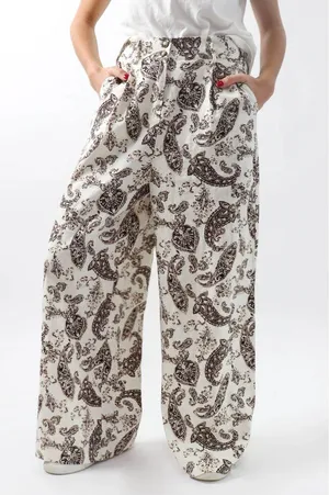 Mystree Linen Blend Wide Leg Paisley Ankle Capri Pants thumbnail 2