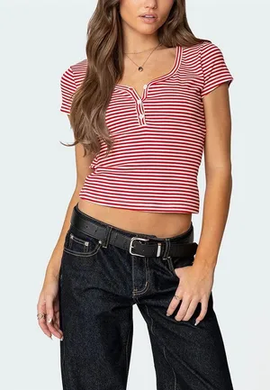 Edikted Kady Stripped Henley T-Shirt thumbnail 1