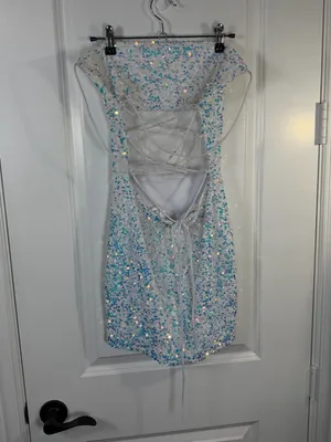 Lucy in the Sky White Iridescent Sequin Cowl Neck Lace Up Mini Dress Size S thumbnail 5