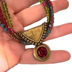 Chico's 4 Strand Colorful Beaded Choker Necklace Red Crystal Pendant thumbnail 4