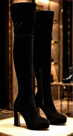 H & M Thigh High Platform Boots Stretch Faux Suede Black 10 thumbnail 1