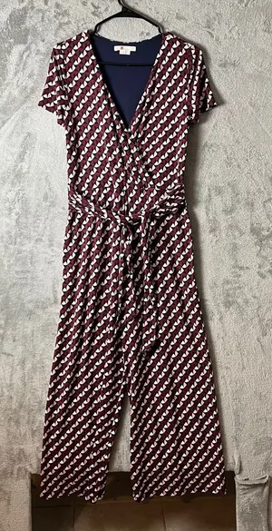 Boden‎ Ellen Jersey Graphic Geo Jumpsuit Size 4 Regular Burgundy Blue thumbnail 1