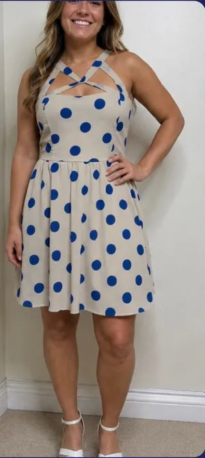 Lottie & Holly Polka Dot Fit & Flare Dress Size 8 Beige Blue Criss Cross Straps thumbnail 1