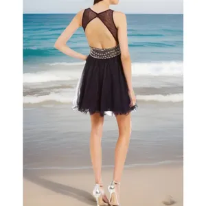 Blondie Nites black short Illusion Yoke Pearl Embellished Back Swing‎ dress- 11 thumbnail 2