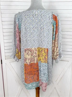 UMGEE Floral Patchwork Print‎ V Neck Chiffon Blouse Grey Multi Medium Boho thumbnail 4