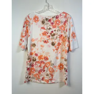Croft & Barrow Womens Large Orange‎ Floral Cotton Short Sleeve Crew Neck T-Shirt thumbnail 2