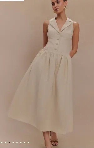 Meshki Valery Midi linen drop waist collared sleeveless button detail dress NWT thumbnail 1