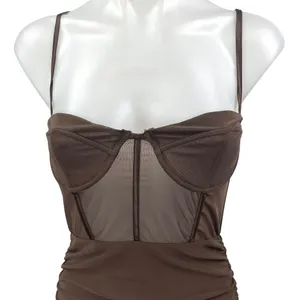 NEW Sundays Brown Ruched Sleeveless Cami Camisole Bodycon Corset Tank Dress Sz M thumbnail 3