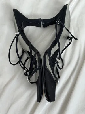 Vintage Nordstrom Black Strappy Rhinestone Low Kitten Heel Sandals Narrow 9.5 thumbnail 2