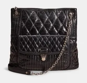 Vintage Coach Poppy Leather Slim Tote Bag‎ Sliding Chain Strap Purse Handbag Blk thumbnail 1