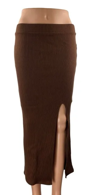 Social Tourist Women's Brown Ribbed High Waist Slit Midi Knit Pencil Skirt Sz S thumbnail 1