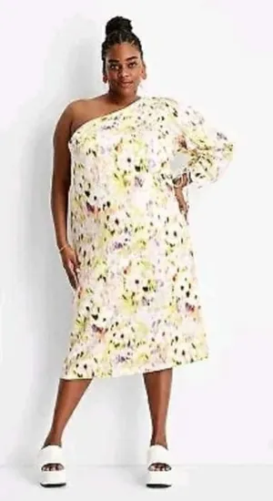 Target One Shoulder Abstract Floral Midi Dress‎ Yellow Purple Asymmetrical XL thumbnail 1