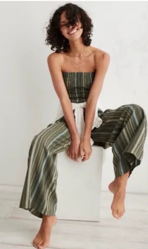 Aerie Strapless Smocked Linen Blend Green Jumpsuit size Small thumbnail 1