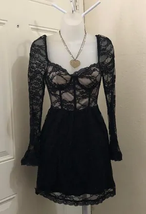 Gothic Whimsygoth Black lace mesh sweetheart neckline bustier corset mini flare babydoll coquette party cocktail formal dress-S thumbnail 1