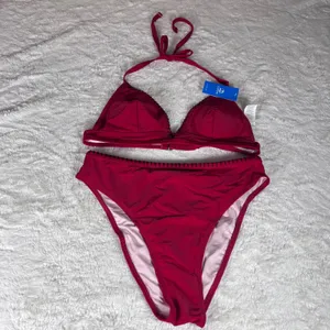 Cupshe Red High Waisted Bikini Set Whipstitch Halter Triangle Top Size Large NWT thumbnail 5