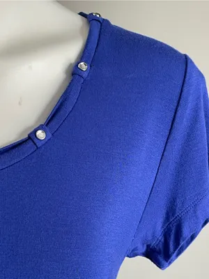 HARLEY DAVIDSON | Blue Short-Sleeve Scoop Neck Top with Beaded Trim Sz M thumbnail 3