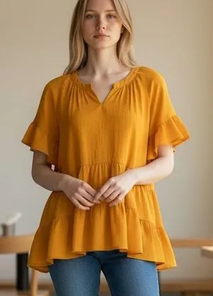 Umgee Babydoll Blouse Women M Mustard Ruffle Tiered Boho Cottagecore Prairie thumbnail 1