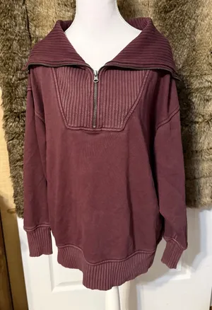 AERIE Maroon Half-Zip Ribbed Funnel Neck Oversized XS Sweatshirt thumbnail 1