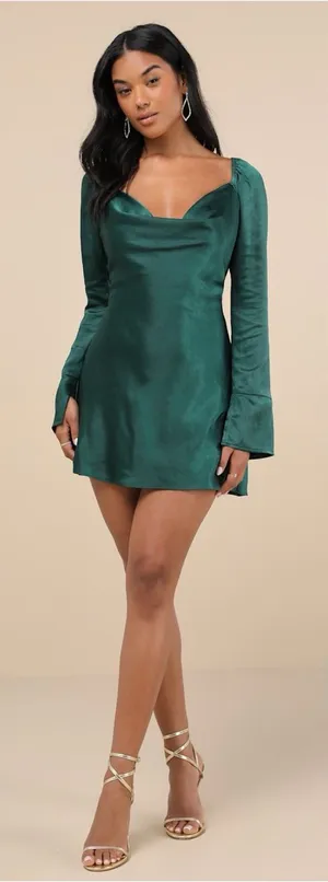 LULU’S Sensational Fate Emerald Green Satin Cowl Neck Mini Dress thumbnail 1